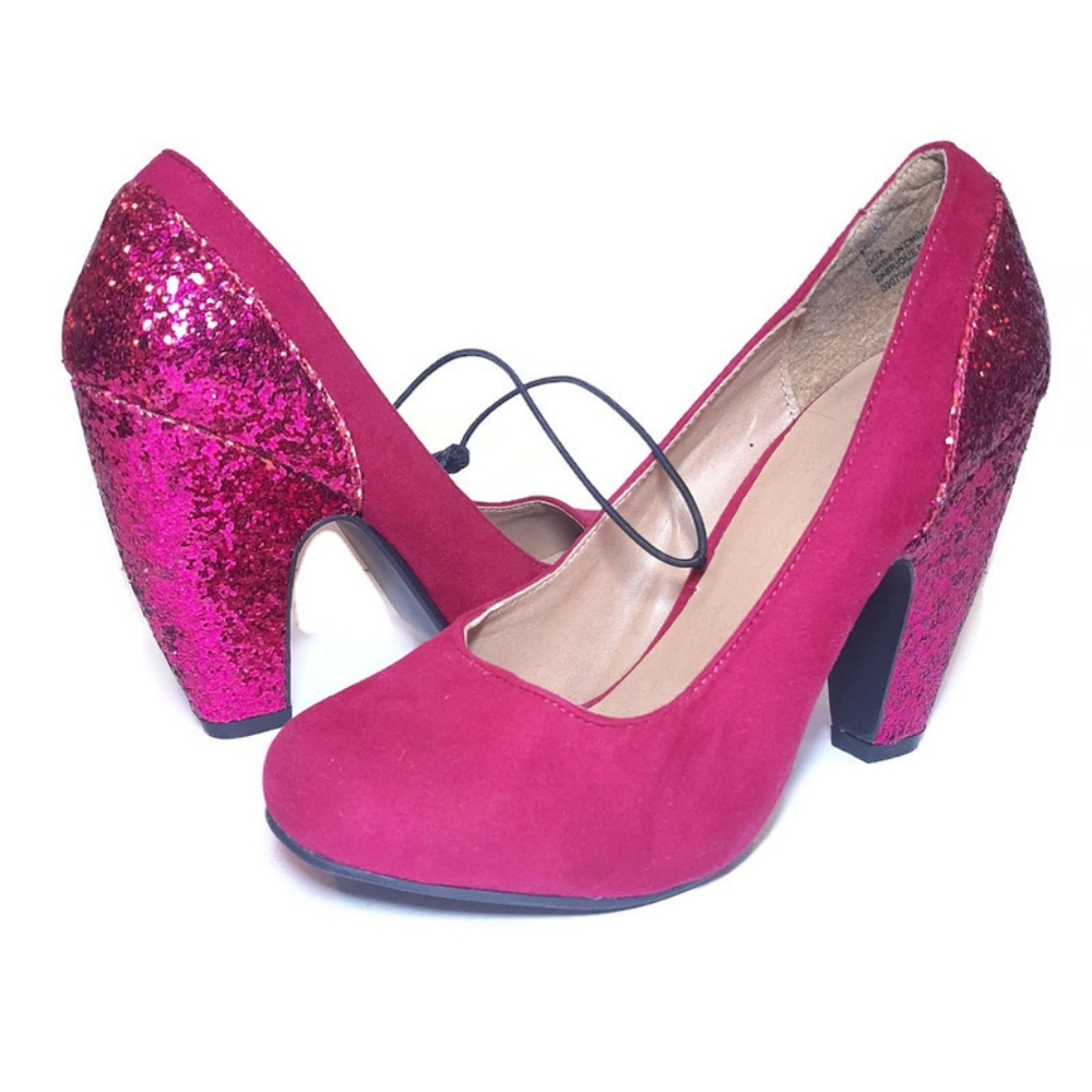 g:21 Gita Faux Suede Glitter Chunky Heels Round Toe Party Club